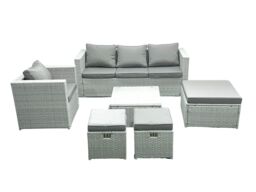 Fimous 6 Seater Rattan Garden Furniture Set with 3 Seater Sofa Chair Square Coffee Table 3 Footstools Light Grey Mixed - thumbnail 1