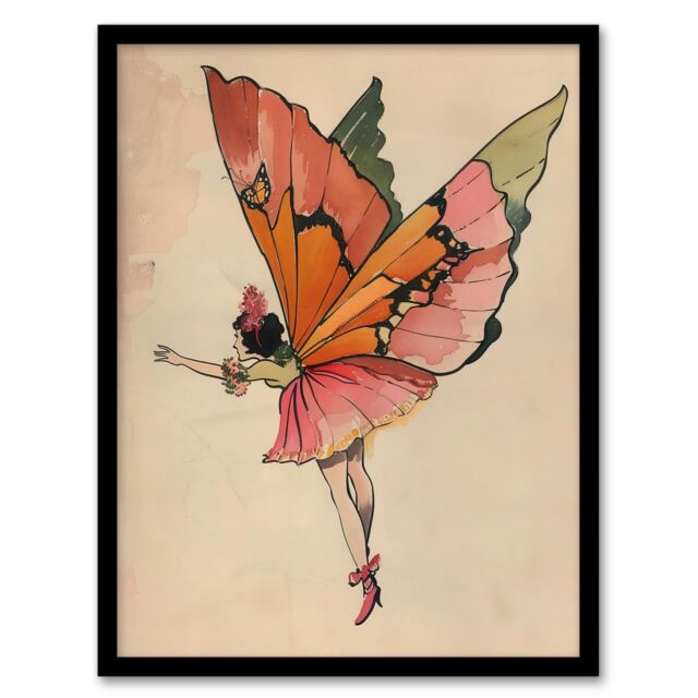 "Artery8 Tinkerbell Butterfly Fairy Vintage Watercolour Framed Art Print in Beige - Size: W12"" x H16""" - image 1