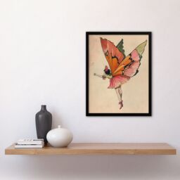 "Artery8 Tinkerbell Butterfly Fairy Vintage Watercolour Framed Art Print in Beige - Size: W12"" x H16""" - thumbnail 4