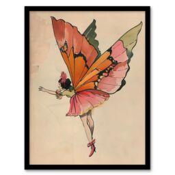 "Artery8 Tinkerbell Butterfly Fairy Vintage Watercolour Framed Art Print in Beige - Size: W12"" x H16""" - thumbnail 1
