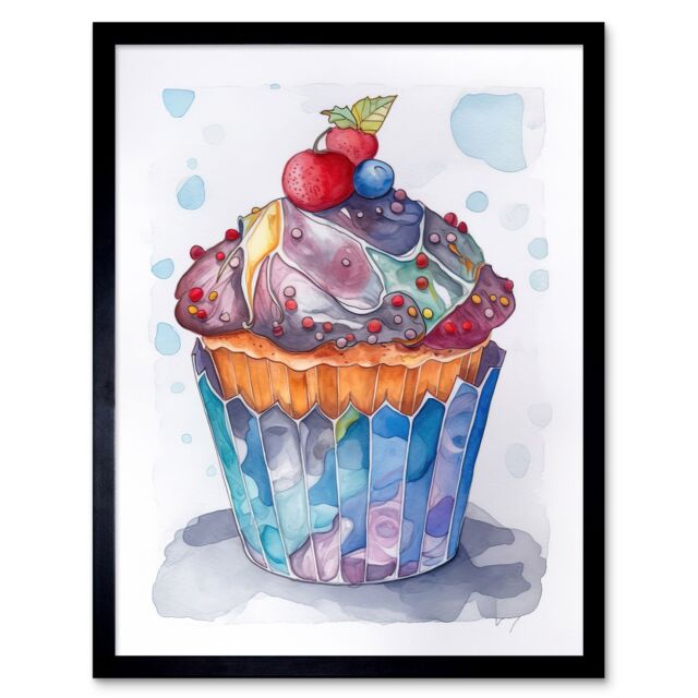 "Artery8 Wall Art Print Cupcake Icing With Fruit Folk Art Watercolour Painting Art Framed in Black - Size: W12"" x H16""" - image 1