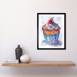 "Artery8 Wall Art Print Cupcake Icing With Fruit Folk Art Watercolour Painting Art Framed in Black - Size: W12"" x H16""" - thumbnail 2