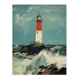 Artery8 Solitary Lighthouse Against A Stormy Sea Modern Oil Painting Ocean Colours With Red Unframed Wall Art Print Poster Home Decor Premium - thumbnail 1