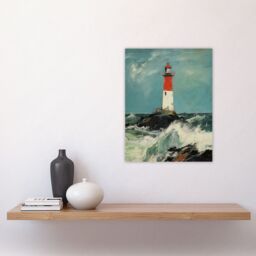 Artery8 Solitary Lighthouse Against A Stormy Sea Modern Oil Painting Ocean Colours With Red Unframed Wall Art Print Poster Home Decor Premium - thumbnail 4