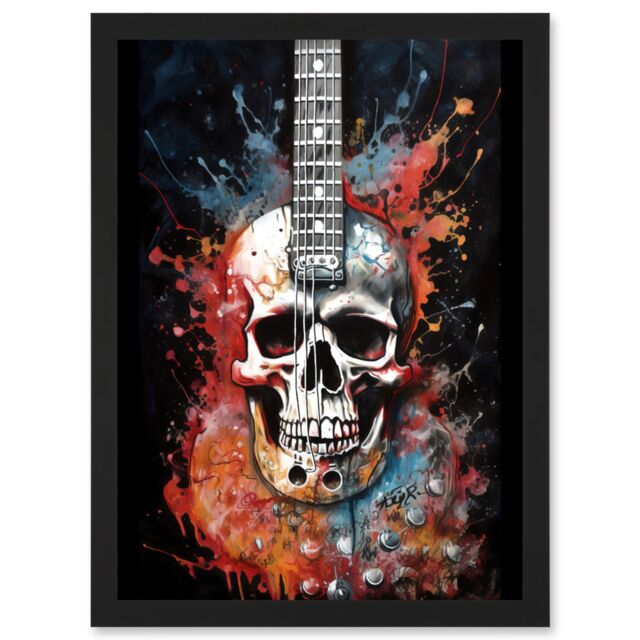 Artery8 Electric Skull Guitar Death Metal Music Concept Splatter Art Modern Acrylic Painting Artwork Framed Wall Art Print A4 in Black - image 1