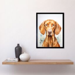 "Artery8 Wall Art Print Hungarian Vizsla Dog Soft Watercolour Artwork Golden Rust Teal Bright Portrait Art Framed in Black - Size: W12"" x H16""" - thumbnail 2