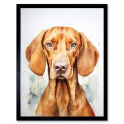 "Artery8 Wall Art Print Hungarian Vizsla Dog Soft Watercolour Artwork Golden Rust Teal Bright Portrait Art Framed in Black - Size: W12"" x H16""" - thumbnail 1