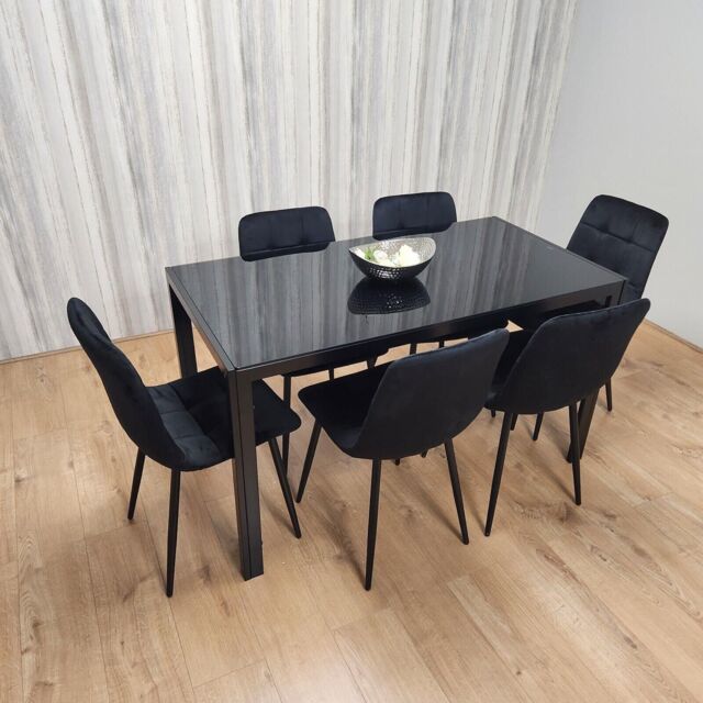 KOSY KOALA Black Kitchen Dining Table & 6 Black Tufted Velvet Chairs Set Of 6 Dining Room Furniture - image 1