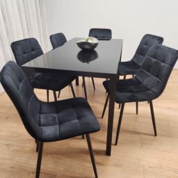 KOSY KOALA Black Kitchen Dining Table & 6 Black Tufted Velvet Chairs Set Of 6 Dining Room Furniture - thumbnail 2