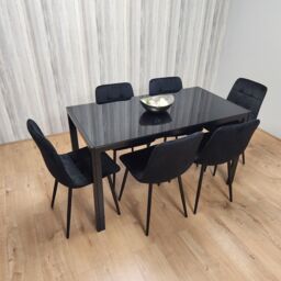 KOSY KOALA Black Kitchen Dining Table & 6 Black Tufted Velvet Chairs Set Of 6 Dining Room Furniture - thumbnail 1