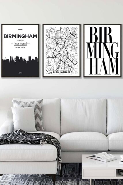 ARTZE BIRMINGHAM Skyline Street Map City Prints Framed Wall Art - Large in Black - Size: W53 cm x H73 cm x D20mm - image 1