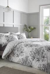 Catherine Lansfield 'Elinda Floral' Reversible Duvet Cover Set in White - Size: Double - thumbnail 1