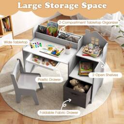 Costway Kids Study Desk & Chair Set Wooden Children Study Table w/Shelves in Grey - thumbnail 7