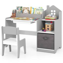 Costway Kids Study Desk & Chair Set Wooden Children Study Table w/Shelves in Grey - thumbnail 3