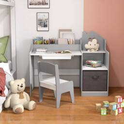 Costway Kids Study Desk & Chair Set Wooden Children Study Table w/Shelves in Grey - thumbnail 5