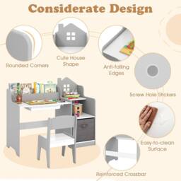 Costway Kids Study Desk & Chair Set Wooden Children Study Table w/Shelves in Grey - thumbnail 6