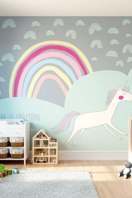 Origin Murals Rainbow Unicorn Wall Mural in Mint - Size: W350 cm x H280 cm - image 1
