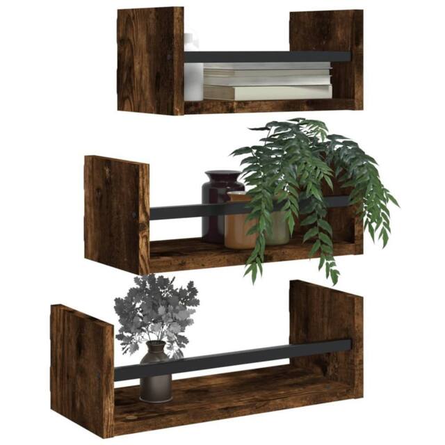 Berkfield Home Spacious 3 Piece Wall Shelf Set with Bars Smoked Oak Engineered wood in Brown - image 1