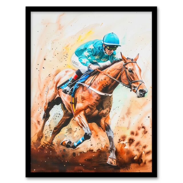 "Artery8 Rider on Horse Racing Watercolour Dramatic Mud Framed Art Print in Brown - Size: W12"" x H16""" - image 1