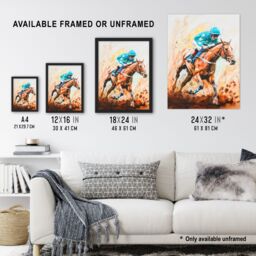 "Artery8 Rider on Horse Racing Watercolour Dramatic Mud Framed Art Print in Brown - Size: W12"" x H16""" - thumbnail 3