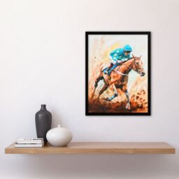 "Artery8 Rider on Horse Racing Watercolour Dramatic Mud Framed Art Print in Brown - Size: W12"" x H16""" - thumbnail 4