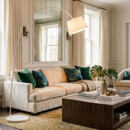 Orsina White Arched Floor Lamp, Modern Metal Arc Design with Fabric Shade, Soft Glow Lighting with Weighted Base - thumbnail 2