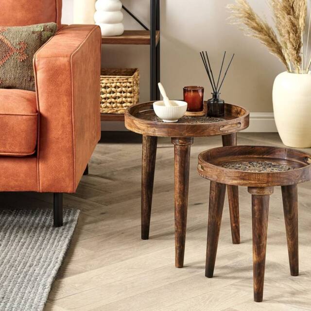 Wyld and Coco Heritage Dark Mango Nest of 2 Handmade Distressed Side Tables in Brown - image 1