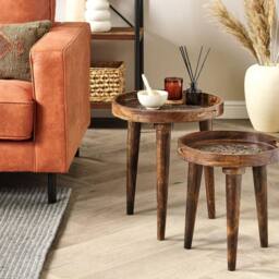 Wyld and Coco Heritage Dark Mango Nest of 2 Handmade Distressed Side Tables in Brown - thumbnail 1