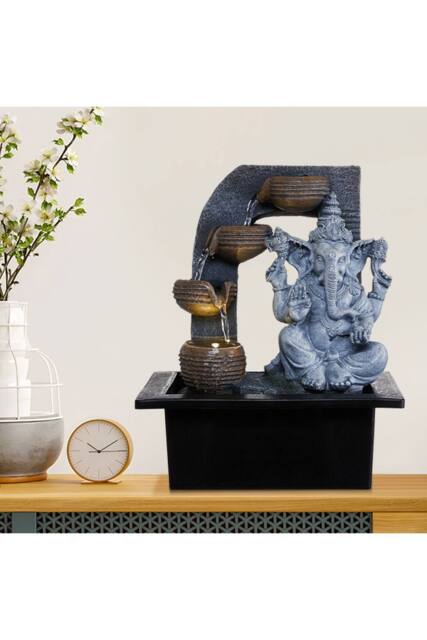 Living and Home Tabletop Ganesha Water Fountain Decor in Grey