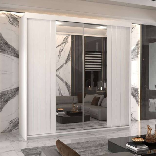 MN Furniture Merida Sliding Wardrobe with Mirror & LED Light W200cm x H217cm in White - image 1