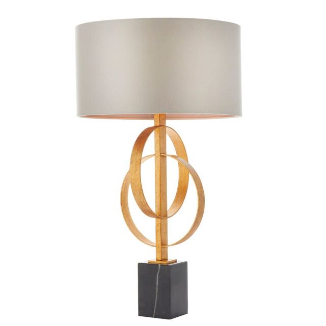 Loops Antique Gold Table Lamp & Mink Satin Shade - Black Marble Base Desk Light - image 1