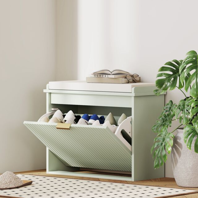 HOMCOM Shoe Storage Bench with Cushion & Flip-Drawer 62x26x47.5cm Green - Size: 62x26x47.5 cm - image 1