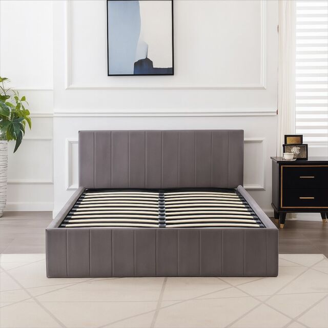 KOSY KOALA Ottoman Bed Gas Lift Storage Grey 4ft6 Double Line Pattern Velvet Bedroom - image 1