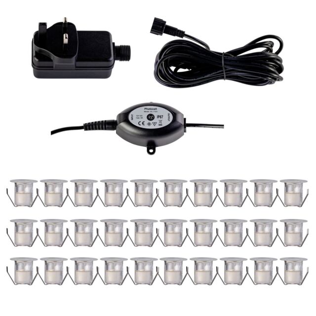 First Choice Lighting Set of 30 - 30mm IP67 Warm White LED Decking Kit with Photocell in Silver - image 1
