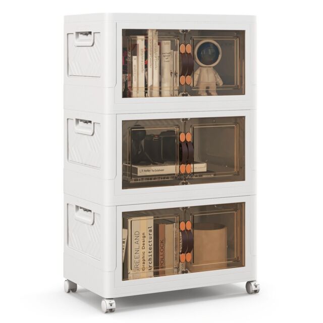 Costway 3 Pack Stackable Storage Cabinet Folding Home Organizer Lockable Wheels 34 Gal in White - image 1