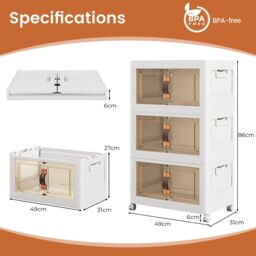 Costway 3 Pack Stackable Storage Cabinet Folding Home Organizer Lockable Wheels 34 Gal in White - thumbnail 2
