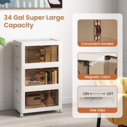Costway 3 Pack Stackable Storage Cabinet Folding Home Organizer Lockable Wheels 34 Gal in White - thumbnail 4