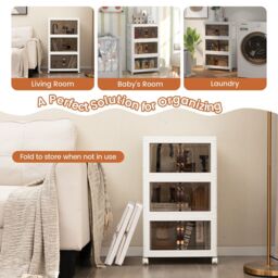 Costway 3 Pack Stackable Storage Cabinet Folding Home Organizer Lockable Wheels 34 Gal in White - thumbnail 6