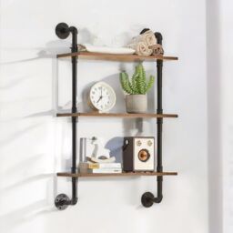 Rafaelo Mobilia Industrial Pipe Wall-Mounted 3 Tier Floating Shelves in Dark Brown - thumbnail 2