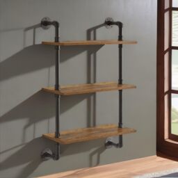 Rafaelo Mobilia Industrial Pipe Wall-Mounted 3 Tier Floating Shelves in Dark Brown - thumbnail 4