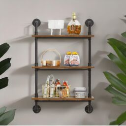 Rafaelo Mobilia Industrial Pipe Wall-Mounted 3 Tier Floating Shelves in Dark Brown