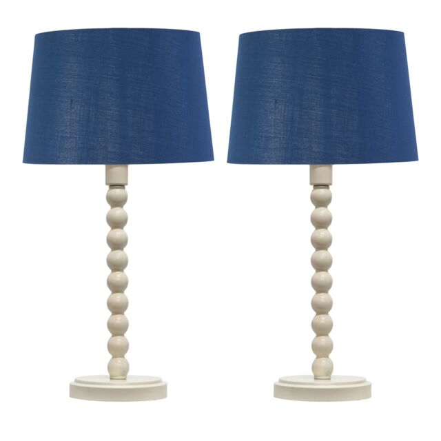 First Choice Lighting Set of 2 Bobbin - Ivory Lamps with Navy & Silver Shades in White - image 1