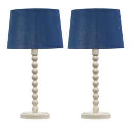 First Choice Lighting Set of 2 Bobbin - Ivory Lamps with Navy & Silver Shades in White - thumbnail 1