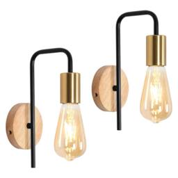 Pheashine Wall lamp (2 Pack), Wood Base, Industrial Style, E27 Socket (Bulb Not) in Gold