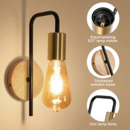 Pheashine Wall lamp (2 Pack), Wood Base, Industrial Style, E27 Socket (Bulb Not) in Gold - thumbnail 3