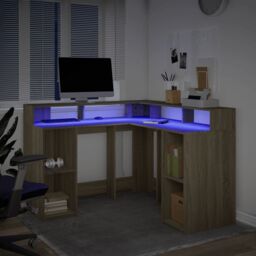 Berkfield Home Desk with LED Lights Sonoma Oak 130x130x91 cm Engineered Wood in Brown - Size: 130 x 130 x 91 cm - thumbnail 5