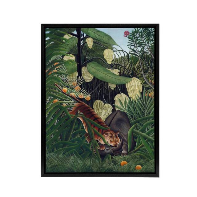 "Artery8 Fight between a Tiger & a Buffalo Rousseau Black Framed Canvas Art in Green - Size: W18"" x H24""" - image 1