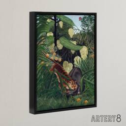"Artery8 Fight between a Tiger & a Buffalo Rousseau Black Framed Canvas Art in Green - Size: W18"" x H24""" - thumbnail 2
