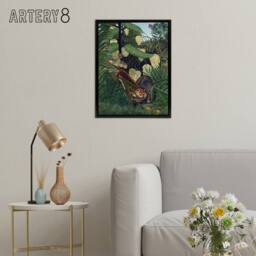 "Artery8 Fight between a Tiger & a Buffalo Rousseau Black Framed Canvas Art in Green - Size: W18"" x H24""" - thumbnail 3