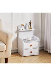 2 Drawer Wooden Bedside Nightstand with Open Shelf in White